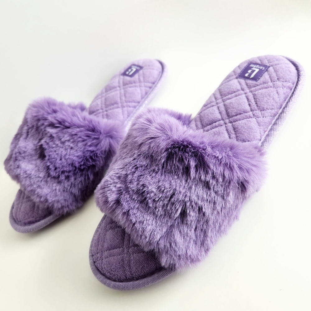 LongBay New Purple Faux Fur Slippers, Cushioned Luxury Slides, Size Large 9 - Picture 9 of 14